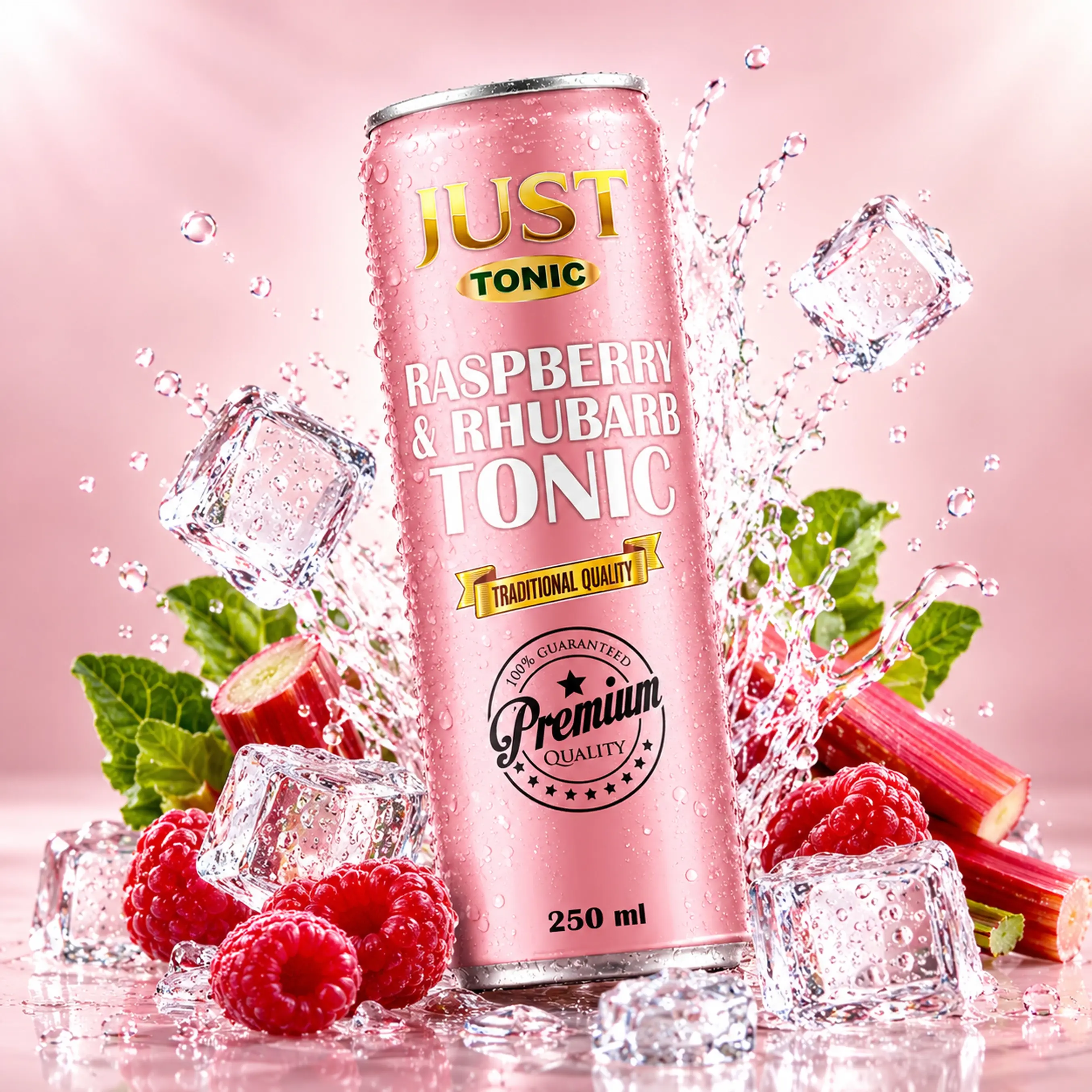 JUST Tonic Raspberry and Rhubarb 250ml can with fresh raspberries, rhubarb, ice cubes, and water splash.